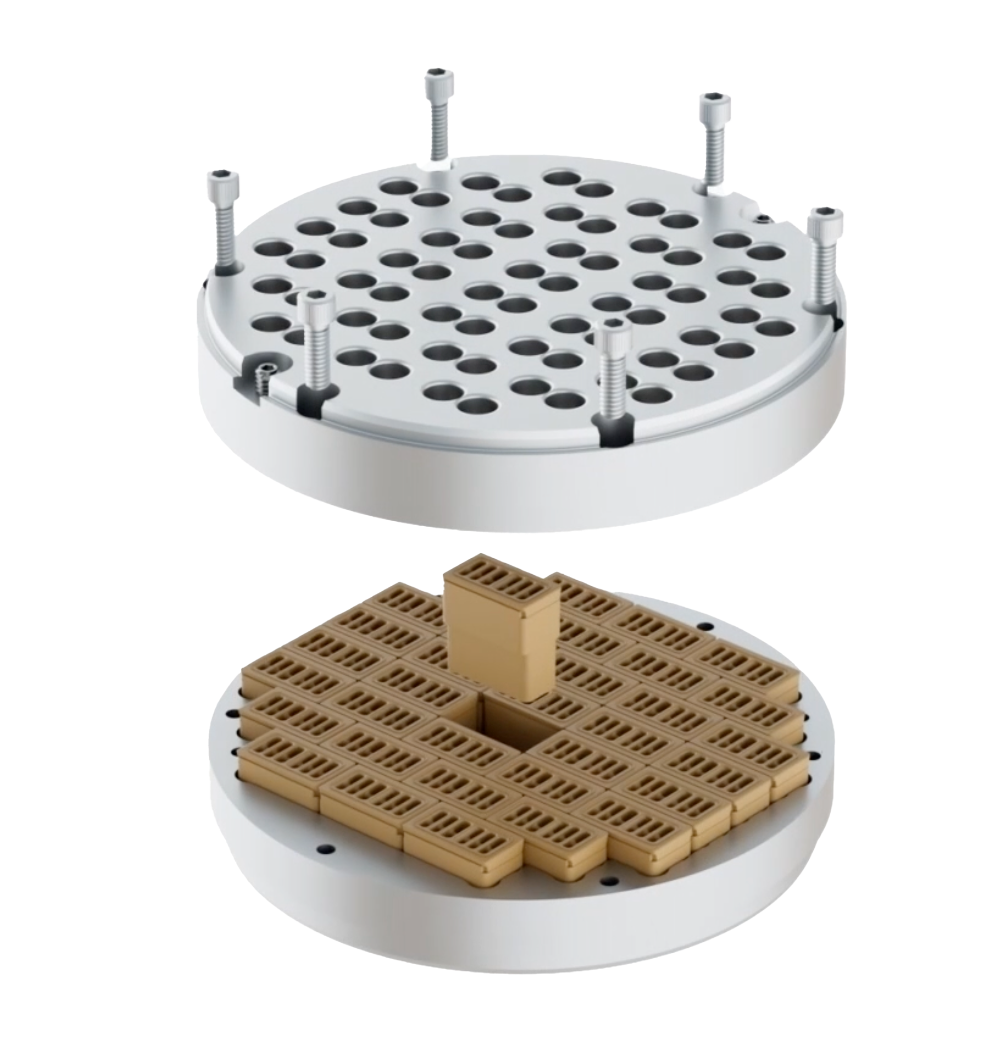 An expanded view of several Straightflo Valve Modules inside a valve. Indicating easy to replace valve solutions.