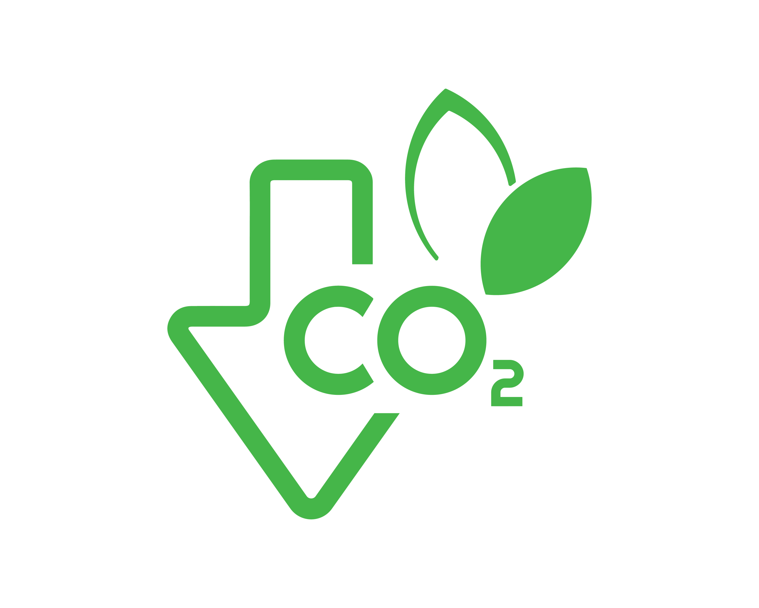 Green outline of a down arrow and a green leaf design with CO2 in the middle indicating a downward trend in CO2 usage