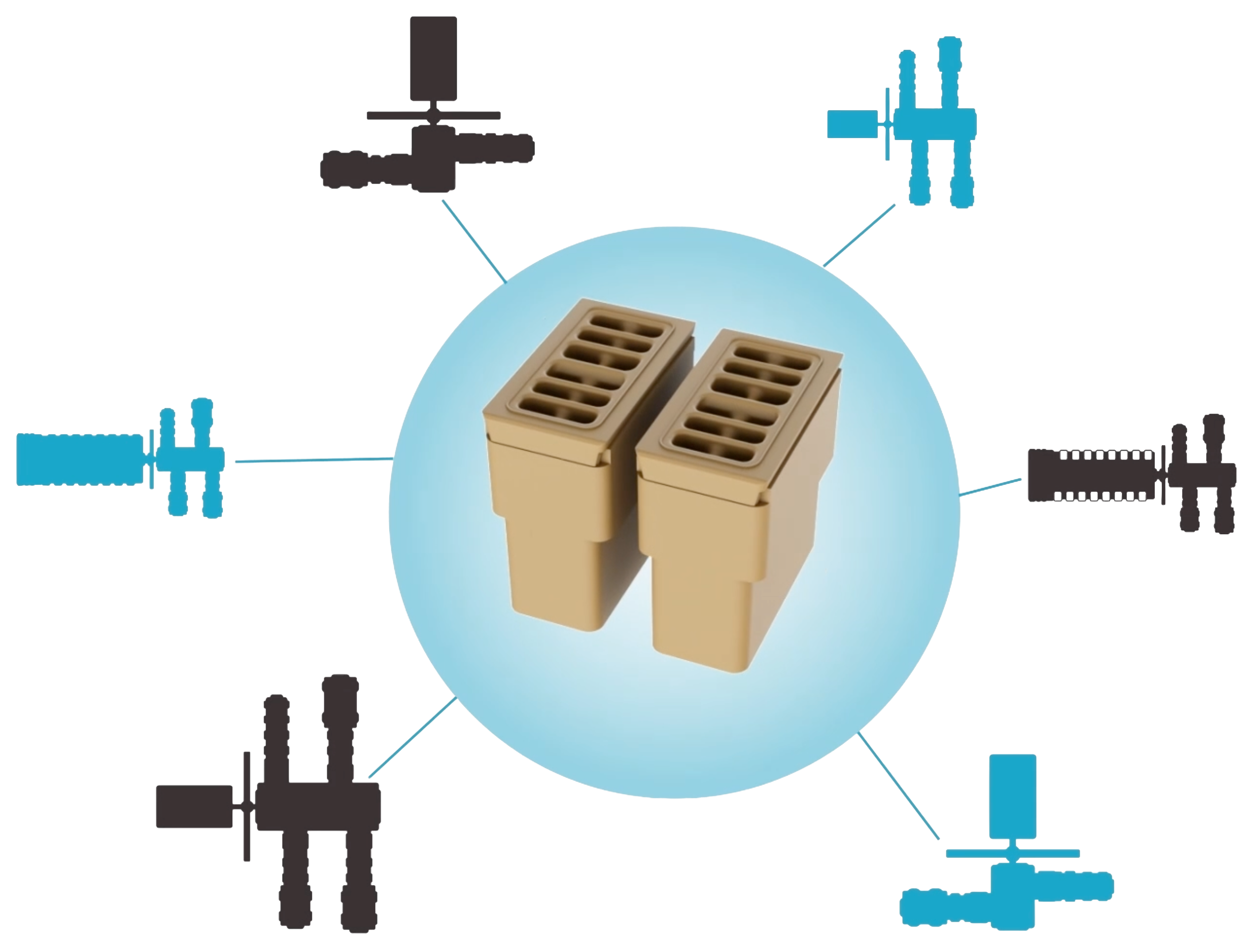 various potential product usage concepts silhouettes surround a central blue gradient circle with the StraightFlo valve product in the middle